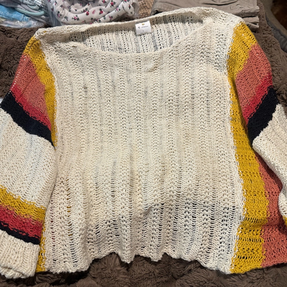 By Together Cream Open-Knit Sweater with Yellow, Coral & Black Stripes